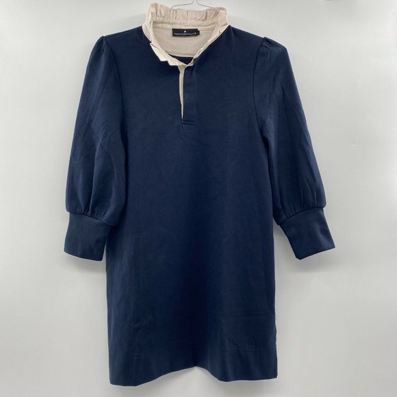 Pomander Place by Tuckernuck Charlotte Terry Shirt Dress Navy Ruffle Collar XS - Picture 1 of 5